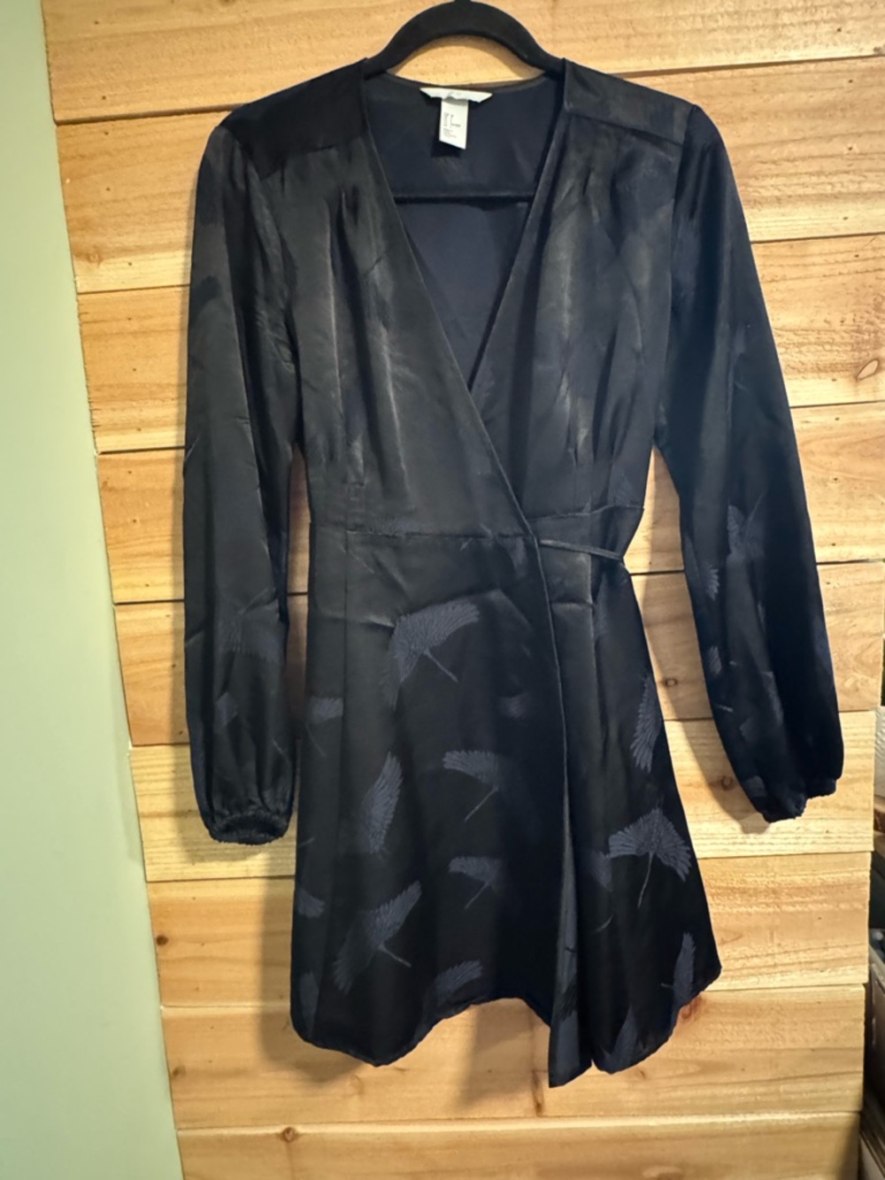 Black Satin Wrap Dress Long Sleeve Mini Subtle Print Chic